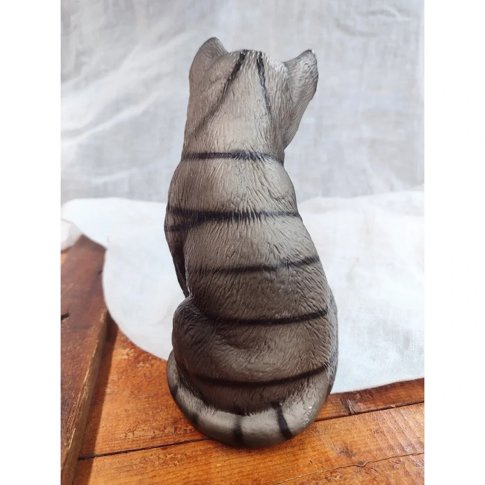 Vintage Ceramic Grey Tabby Cat and Kitten Figurine Set‎ Hand Painted Green Eyes